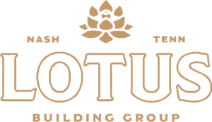 An orange lotus flower outline is above orange words "Nash Tenn LOTUS Building Group". The words sit on a white background.