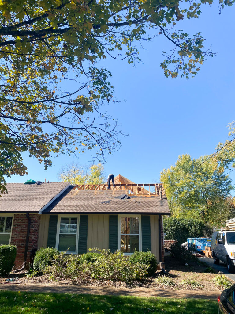 Roof build and home addition project in progress for a brick one story home. Contact Lotus Building Group for your new home construction projects in Nashville, TN. 